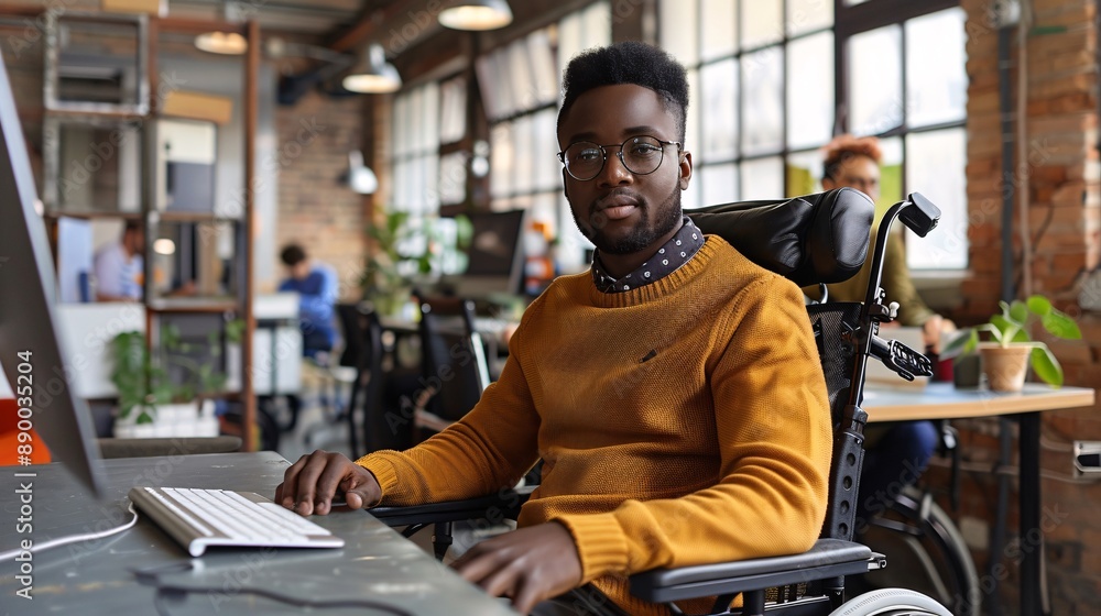 An inclusive workplace where an employee with a disability uses adaptive technology to manage data on a computer Stock Photo with copy space