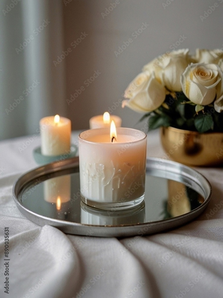 Cup candle in a round tray on a table with flowers. AI generation. Cup candle in a round tray on a table with flowers. AI generation.
