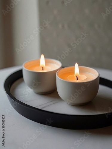 Wallpaper Mural Two cup candles in a round tray on a table with flowers. AI generation. Torontodigital.ca