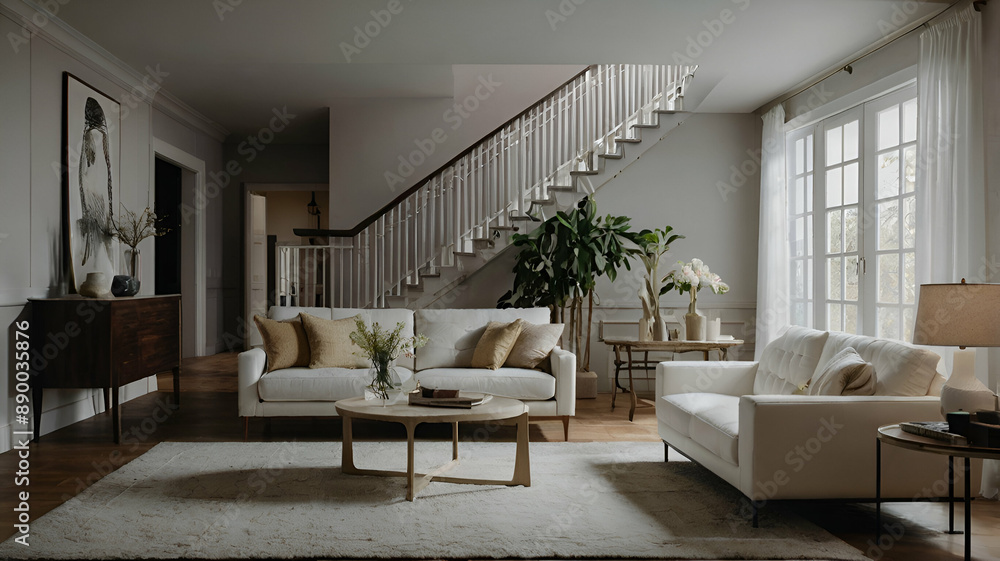 A beautiful living room with a white couch and a stair case A beautiful living room with a white couch and a stair case