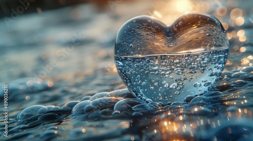 Frozen heart melting in pool representing fragile love on a sunny day Conceptual photography photo