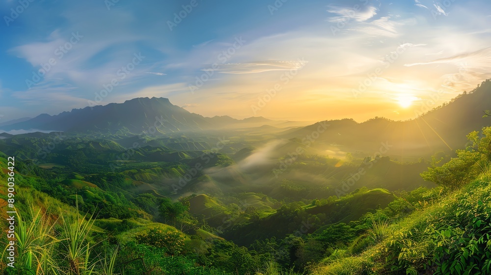 Obraz premium view of misty forest hills at sunrise
