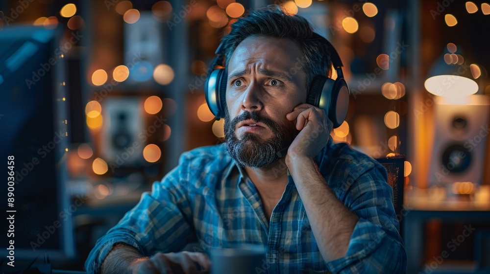 A remote worker with a hearing impairment using real-time captioning services during a virtual team brainstorming session Stock Photo with copy space A remote worker with a hearing impairment using real-time captioning services during a virtual team brainstorming session Stock Photo with copy space