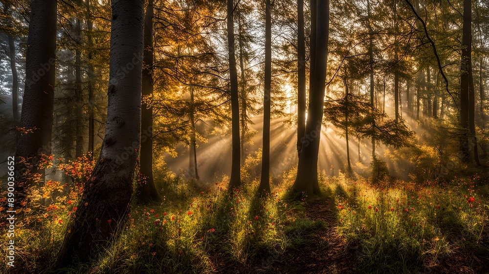 Obraz premium In a forest where the sunlight is gently shining, Generative AI