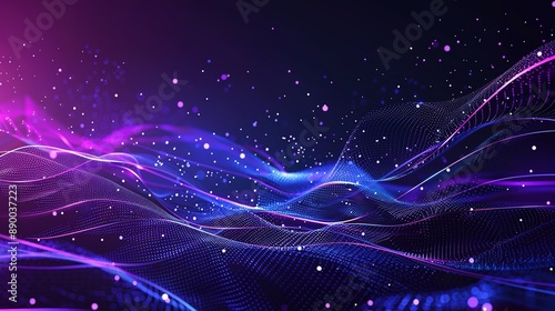 Abstract dark purple and blue tech background featuring digital waves, a network system with artificial neural connections, and elements of cyber quantum computing, creating a high-tech and futuristic