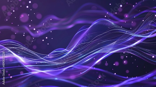 Abstract dark purple and blue tech background featuring digital waves, a network system with artificial neural connections, and elements of cyber quantum computing, creating a high-tech and futuristic