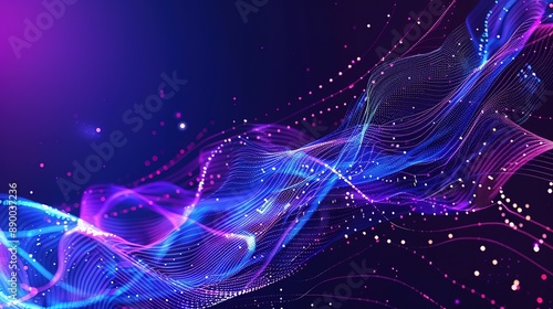 Abstract dark purple and blue tech background featuring digital waves, a network system with artificial neural connections, and elements of cyber quantum computing, creating a high-tech and futuristic