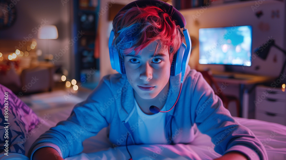 Fototapeta premium Teenager boy playing video games while laying on the bed in his bedroom.