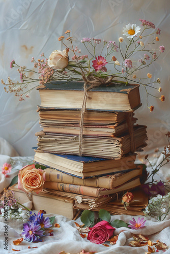 A stack of vintage books tied with twine