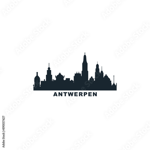 Antwerpen skyline with landmarks, vector isolated flat logo. Panorama black icon with abstract shape of Belgium city	