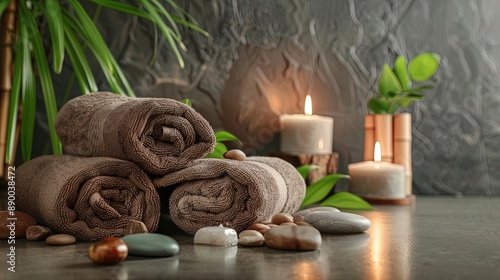 Composition of spa treatment being prepared on grey table with burning candles and green plants