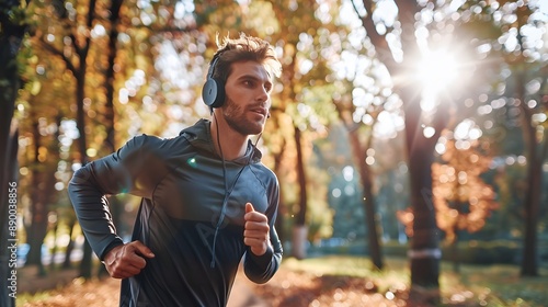 Man athlete listening to music and working out outdoors. 