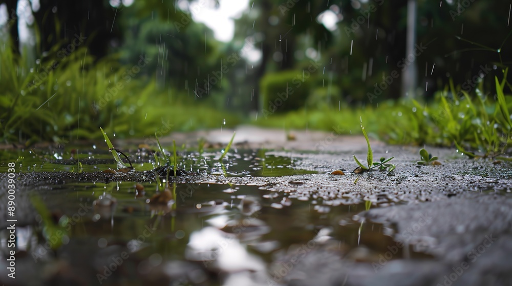 Fototapeta premium A serene scene after the rain, featuring glistening wet surfaces, reflecting puddles, and fresh greenery. The environment is tranquil and rejuvenated, showcasing nature's beauty and calmness following