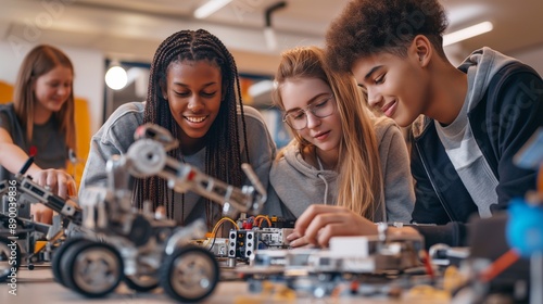 High school multicultural students participating in a robotics competition preparation, engineering skills and creativity. The future of technology the collaborative spirit for success in STEM fields
