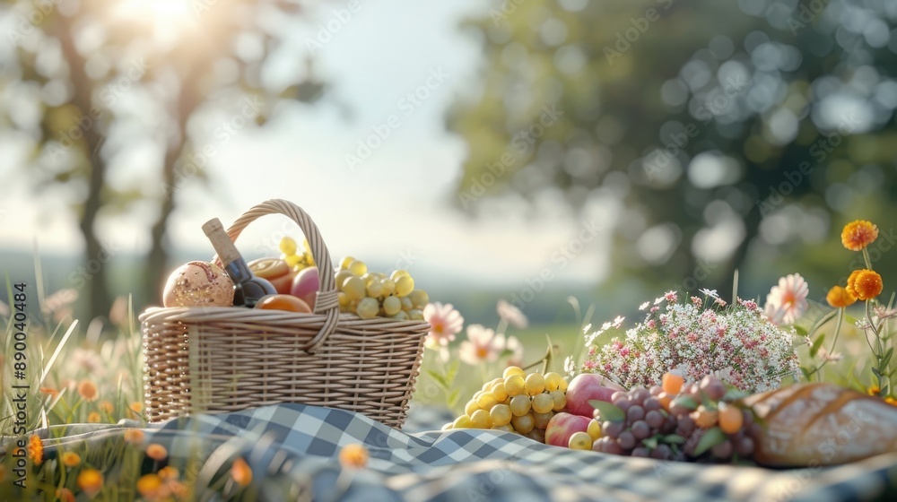A picnic basket overflowing with food and drink on a checkered blanket. A picnic basket overflowing with food and drink on a checkered blanket.