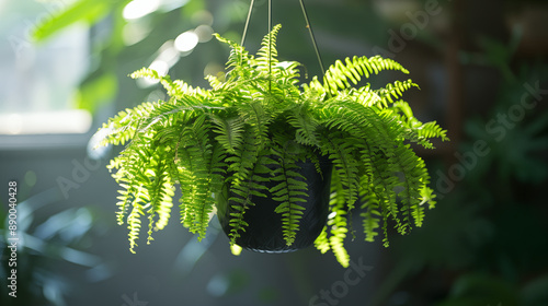 Lush Boston fern in hanging basket bathed in sunlight, showcasing vibrant green fronds. Concept of indoor gardening, nature, and biophilic design.