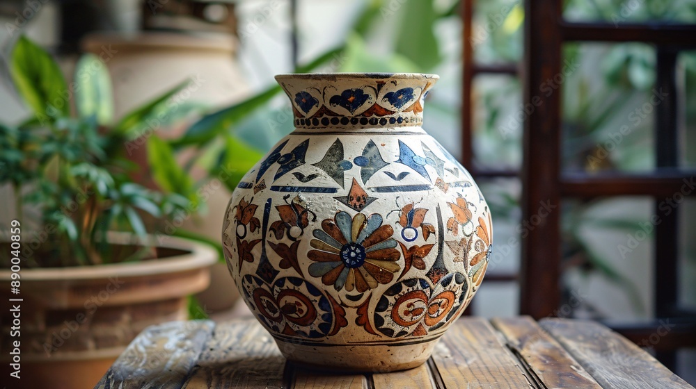 An artistically decorated pottery piece with floral and geometric patterns, showcased on a wooden table An artistically decorated pottery piece with floral and geometric patterns, showcased on a wooden table