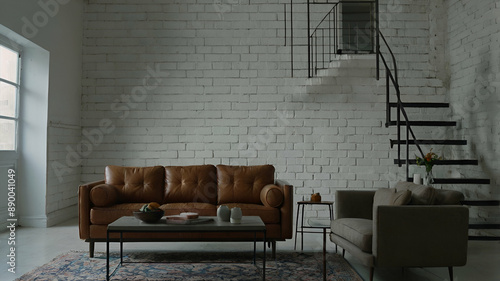 a living room with a couch, chair, table and a stair case in front of a white brick wall. home decoration