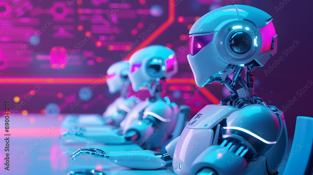 Naklejka premium Strategic Enterprise AI Management Solutions: Collaborative Robotic Sessions in Triadic Colors