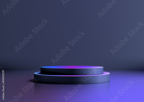 3D black metal podium with neon colors and a smooth surface stands of a purple room. Ideal for technology style product displays, mockups, showrooms