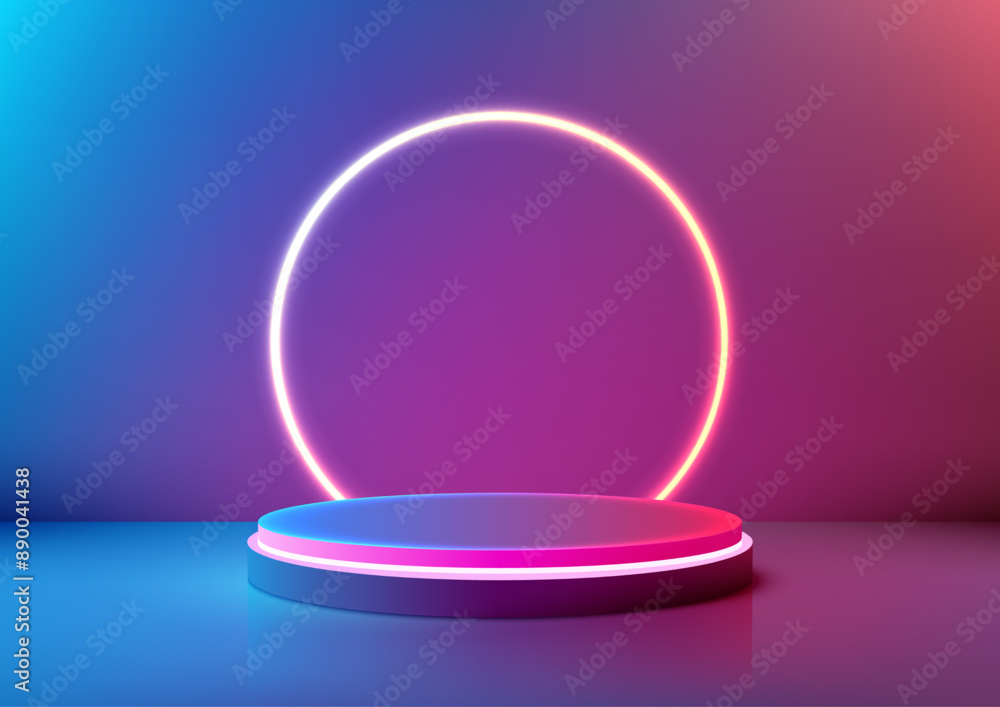 3D Futuristic Technology Round Podium with Neon Ring on Blue and Purple Gradient Background, Innovative Product Showcase Presentation 3D Futuristic Technology Round Podium with Neon Ring on Blue and Purple Gradient Background, Innovative Product Showcase Presentation