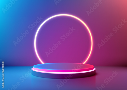 3D Futuristic Technology Round Podium with Neon Ring on Blue and Purple Gradient Background, Innovative Product Showcase Presentation