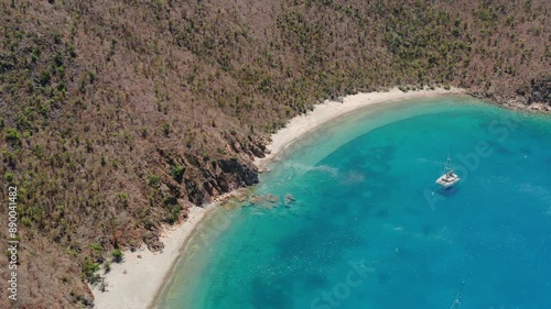 Overhead Drone View of Tropical Beach and Floating Sailboats, British Virgin Islands
