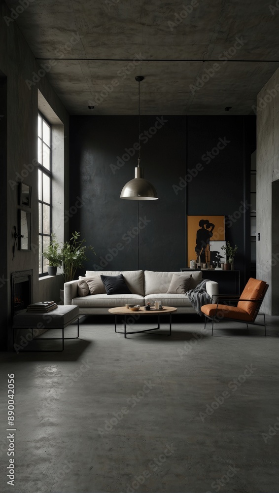 Fototapeta premium Industrial Living Room with Concrete Walls and Exposed Ceiling