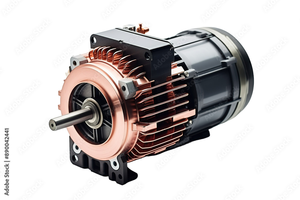 A Copper-Coiled Electric Motor Glimmering in the Light on a Clear PNG or White Background. A Copper-Coiled Electric Motor Glimmering in the Light on a Clear PNG or White Background.