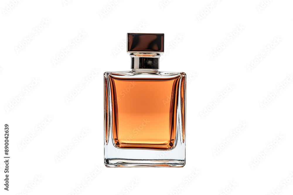 A Square Bottle of Amber Perfume Reflecting Light on a White Background on a Clear PNG or White Background. A Square Bottle of Amber Perfume Reflecting Light on a White Background on a Clear PNG or White Background.