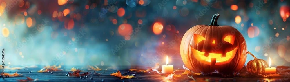 Fototapeta premium Halloween Pumpkin with Candles and Autumn Leaves