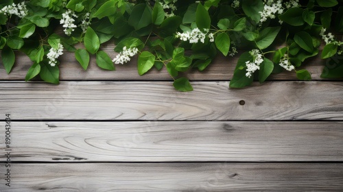 White wooden table top with spring green leafs