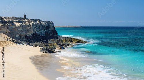 White Sand on Isolated Island with Old Lighthouse on Stone Cliff Overlooking Tropical Beach and Blue Water