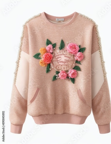 Pink Glitter Floral Embroidered Sweatshirt with Pearl Detail