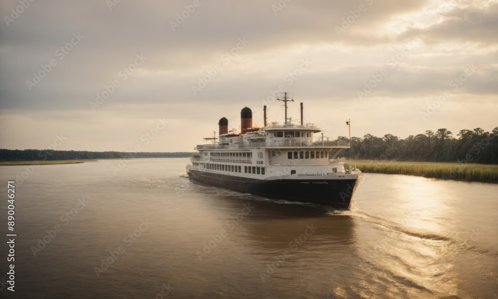 Luxury Cruise Ship Sailing on a River at Sunset Luxury Cruise Ship Sailing on a River at Sunset
