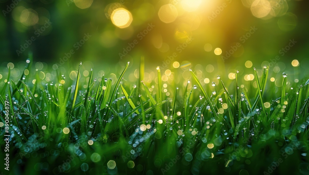 Obraz premium Dewy Grass Blades with a Sunlit Background