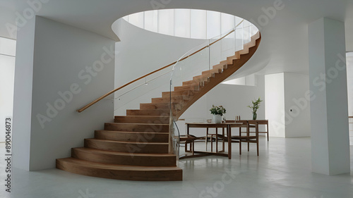 a wooden stair case in a white room, Brown wooden stairs in a modern house