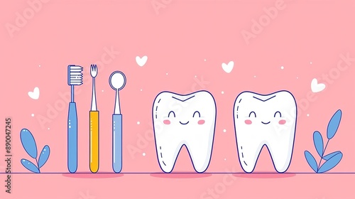 Cute cartoon teeth with dental tools and hearts on pink background.