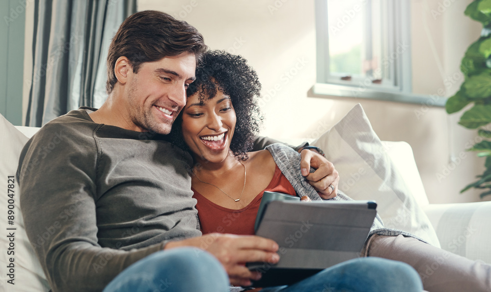Happy couple, tablet and hug for streaming in home, subscription and app for booking vacation. People, social media and website for watching movies together, embrace and love in marriage on couch Happy couple, tablet and hug for streaming in home, subscription and app for booking vacation. People, social media and website for watching movies together, embrace and love in marriage on couch