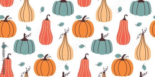 Autumn floral seamless pattern with pumpkin. Fall season vector illustration in flat design. 
