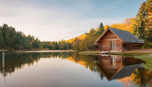 tranquil log cabin on a lake, surrounded by dense woods and vibrant fall colors, peaceful lake