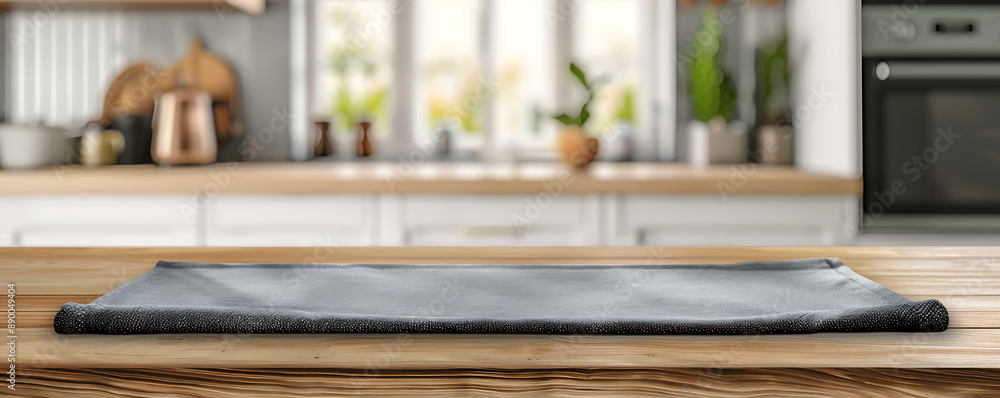 Simple Placemat Fabric cloth on wood table blur kitchen room background mockup. Simple Placemat Fabric cloth on wood table blur kitchen room background mockup.