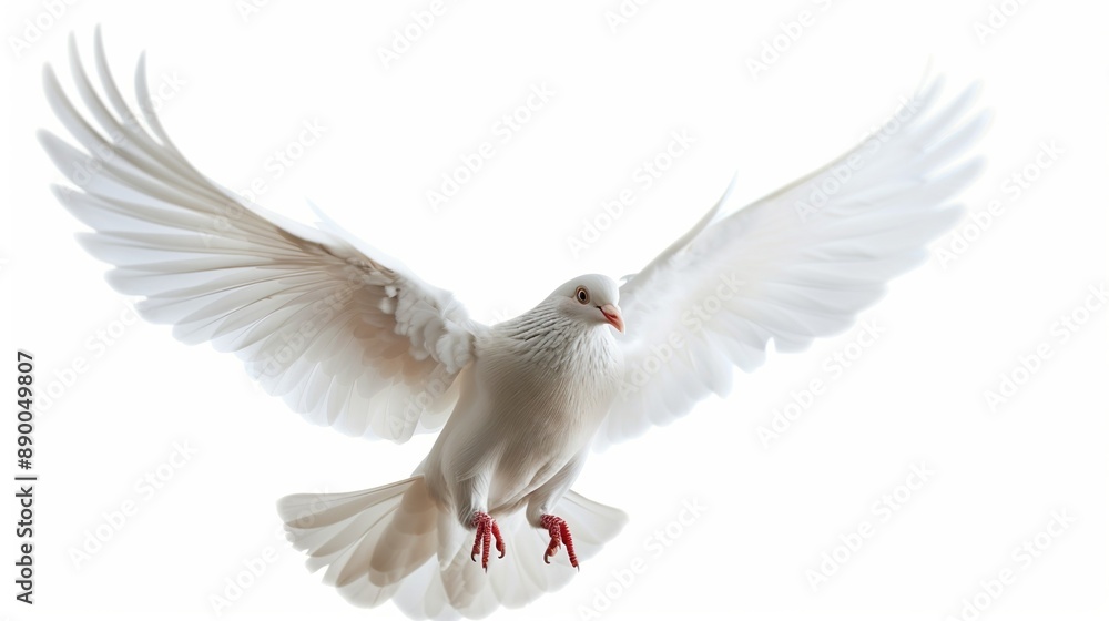 Fototapeta premium A free flying white dove isolated on a white background