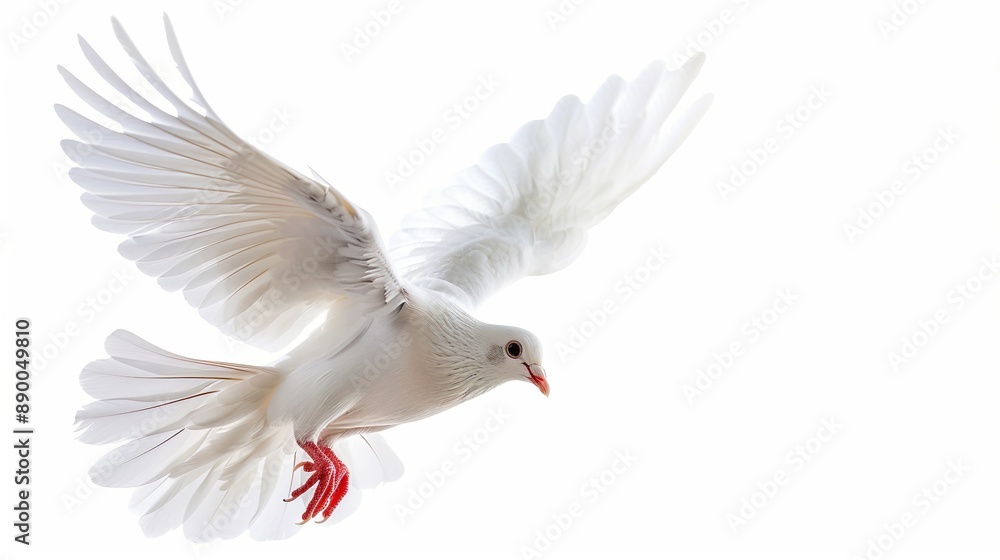 Obraz premium A free flying white dove isolated on a white background