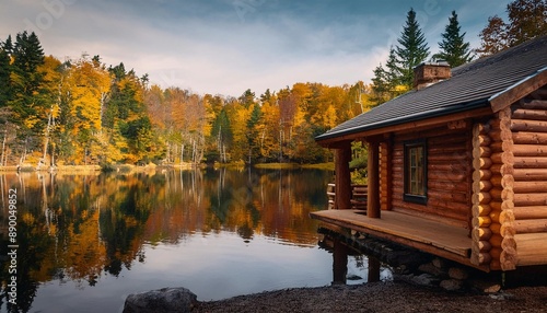 peaceful log cabin retreat on a lake, surrounded by woods and fall foliage, peaceful lake
