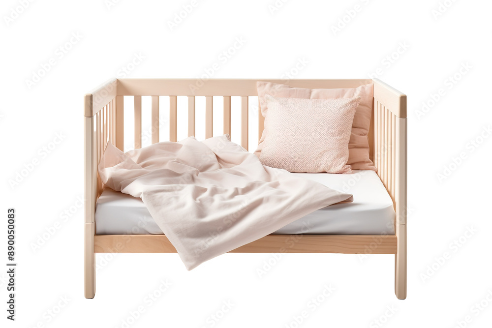 A Wooden Crib Dressed in Delicate Pink Bedding Awaits a Newborn's Arrival on a Clear PNG or White Background. A Wooden Crib Dressed in Delicate Pink Bedding Awaits a Newborn's Arrival on a Clear PNG or White Background.