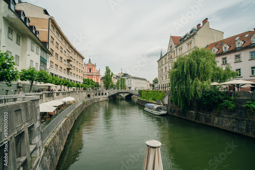 Cityscape view on Ljubljanica river canal in Ljubljana old town.