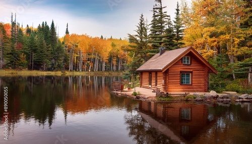 secluded lake house with stunning water reflections and autumn scenery, peaceful lake