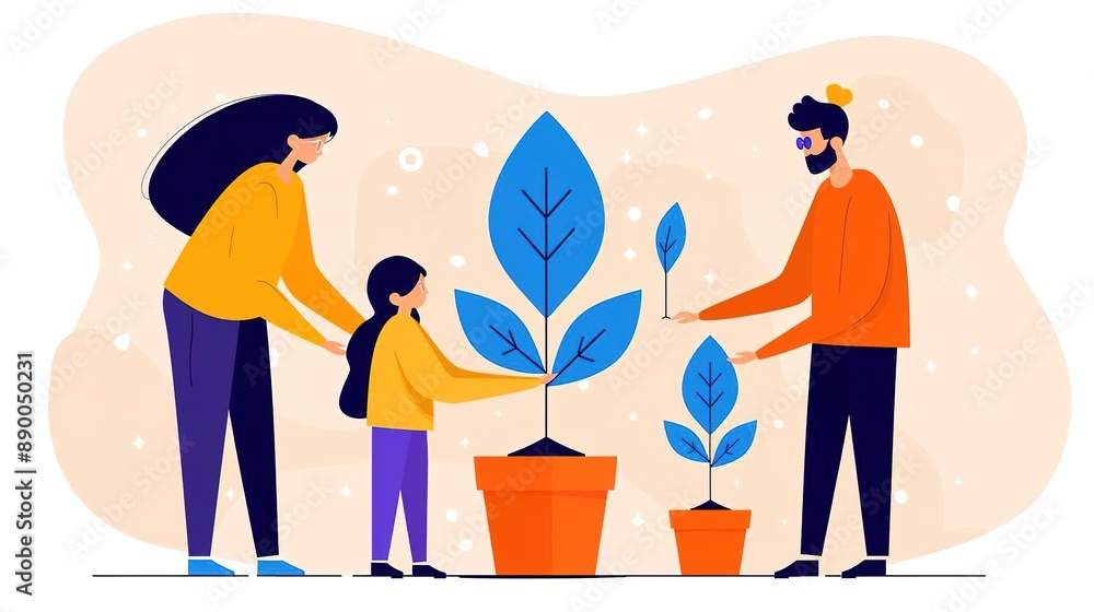 Family planting trees together, promoting environmental awareness. Family planting trees together, promoting environmental awareness.