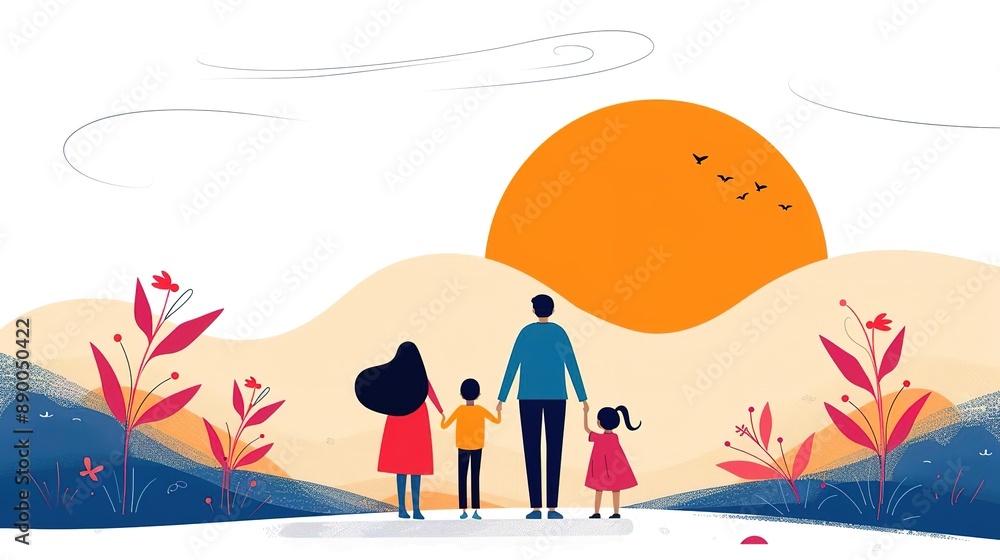 Family of four standing together watching the sunset. Family of four standing together watching the sunset.